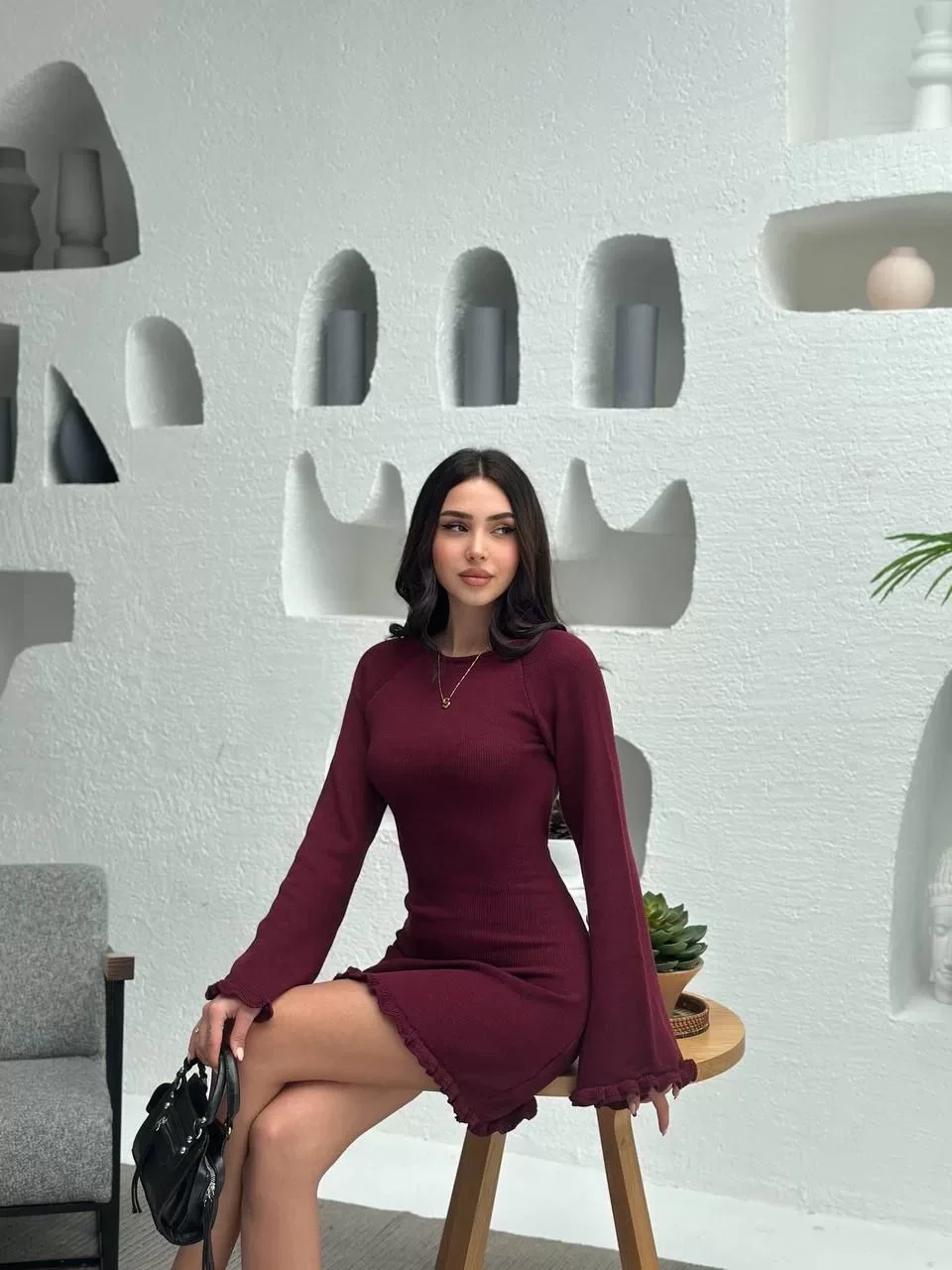 Sırt Pencereli Mini Triko Elbise - Bordo Görseli