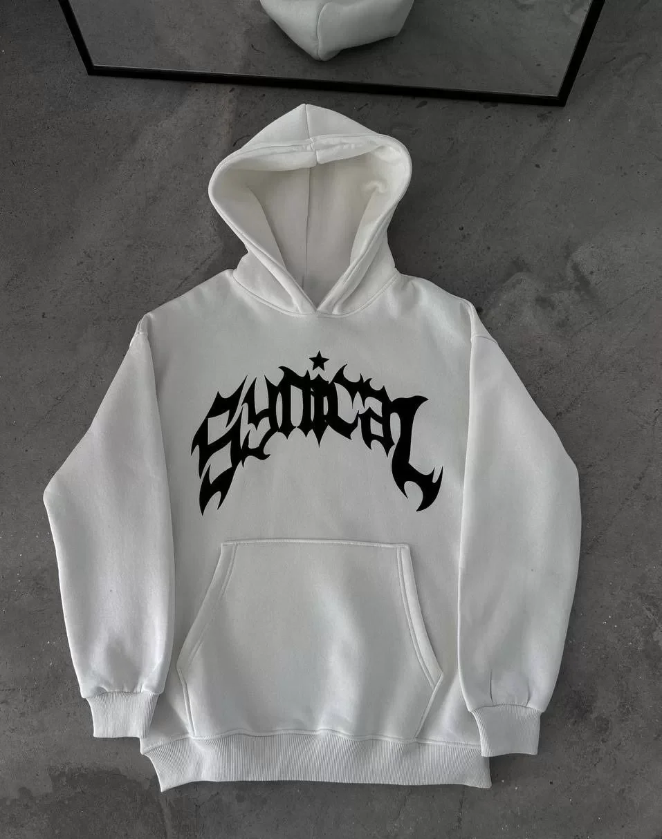 Üç İplik Kapüşonlu Baskılı Oversize SweatShirt- Beyaz Görseli
