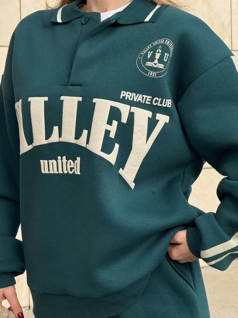 Üç İplik Yakalı Sweat Baggy Pantalonlu Takım - Yeşil Görseli