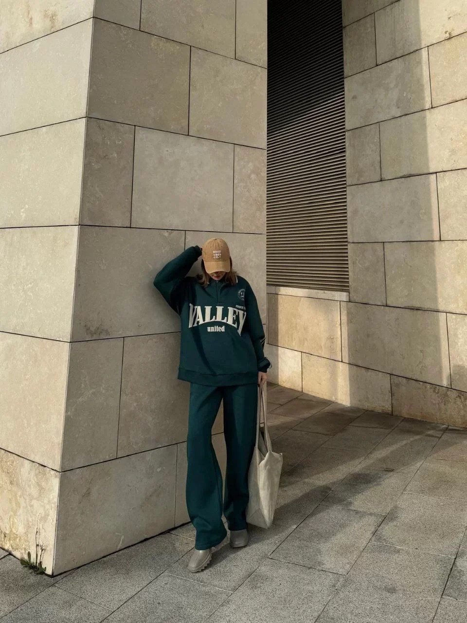Üç İplik Yakalı Sweat Baggy Pantalonlu Takım - Yeşil Görseli