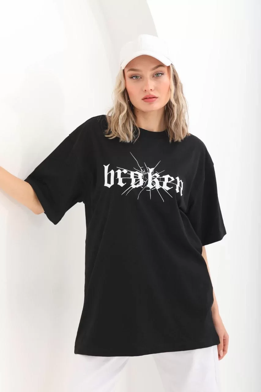Unisex Baskılı Oversize T-Shirt - Siyah Görseli