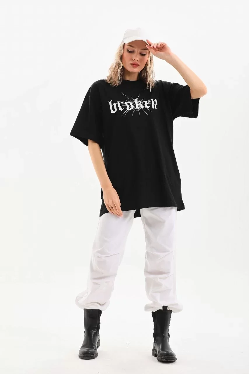 Unisex Baskılı Oversize T-Shirt - Siyah Görseli