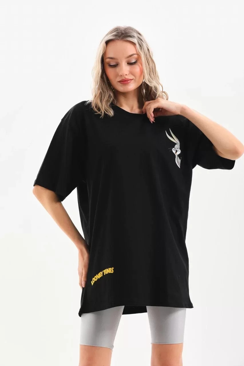 Unisex Baskılı Oversize T-Shirt - Siyah Görseli