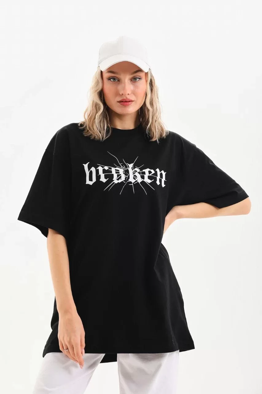 Unisex Baskılı Oversize T-Shirt - Siyah Görseli