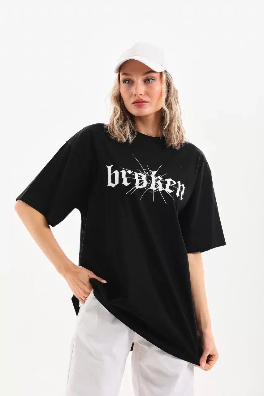 Unisex Baskılı Oversize T-Shirt - Siyah Görseli