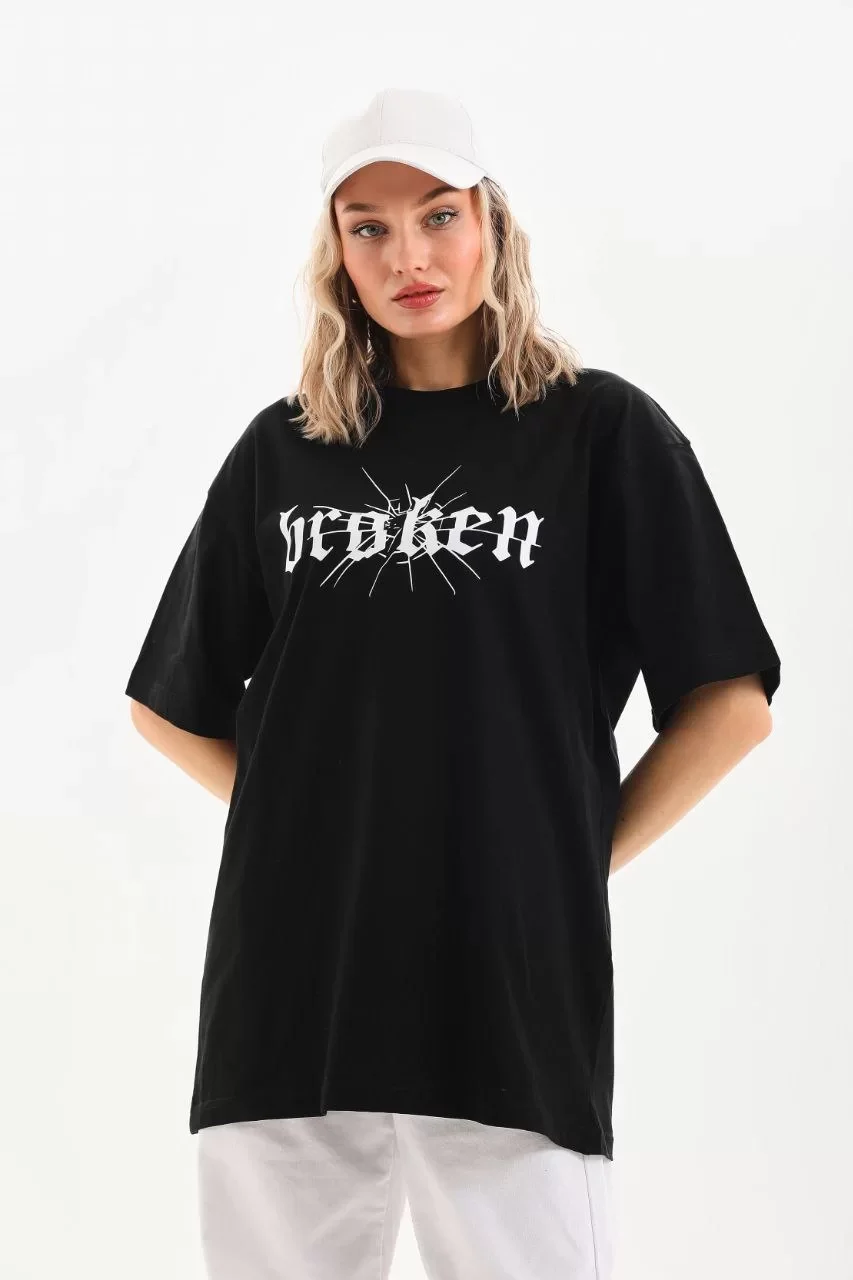 Unisex Baskılı Oversize T-Shirt - Siyah Görseli