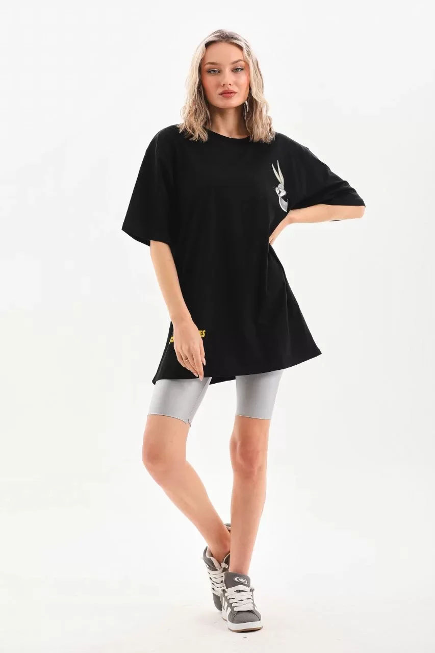 Unisex Baskılı Oversize T-Shirt - Siyah Görseli