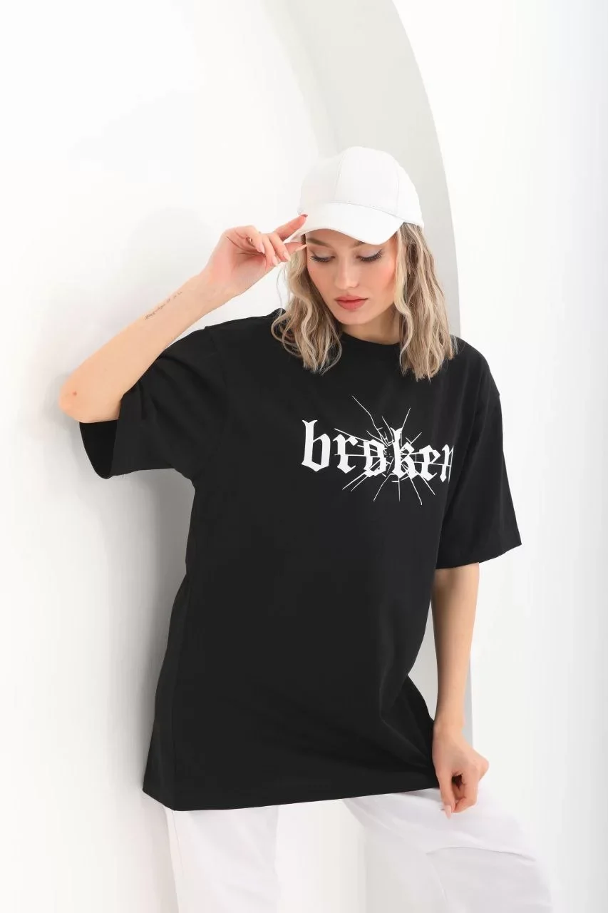 Unisex Baskılı Oversize T-Shirt - Siyah Görseli