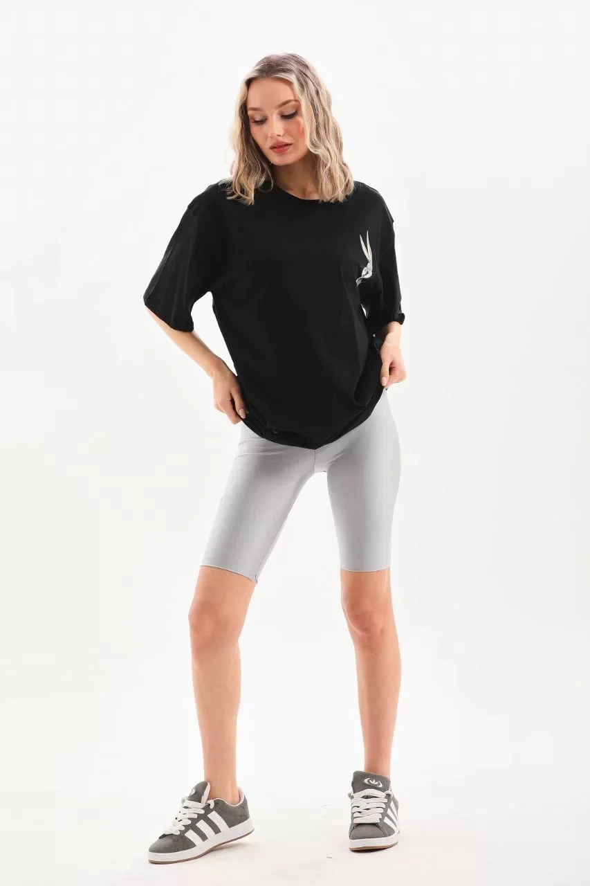 Unisex Baskılı Oversize T-Shirt - Siyah Görseli