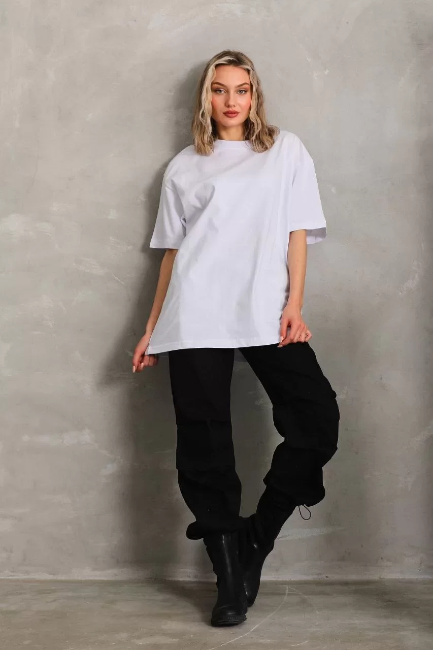 Unisex Bisiklet Yaka 20/1 Düz Oversize T-Shirt - Beyaz Görseli