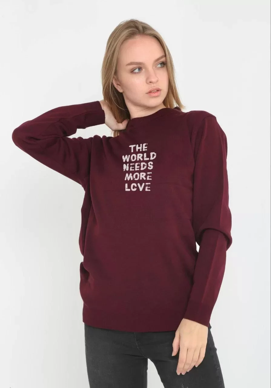 Unisex Bisiklet Yaka Baskılı Dokuma Triko - Bordo Görseli