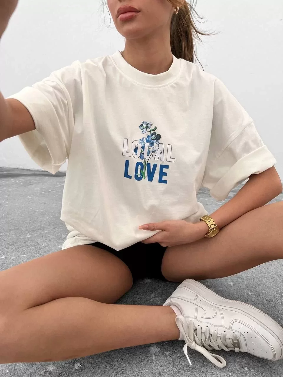 Unisex Bisiklet Yaka Baskılı Oversize T-Shirt - Beyaz Görseli