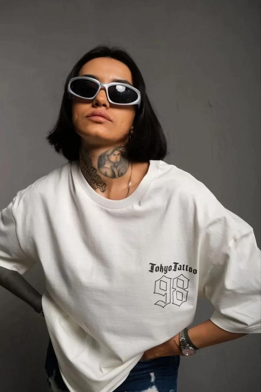 Unisex Bisiklet Yaka Baskılı Oversize T-Shirt - Beyaz Görseli