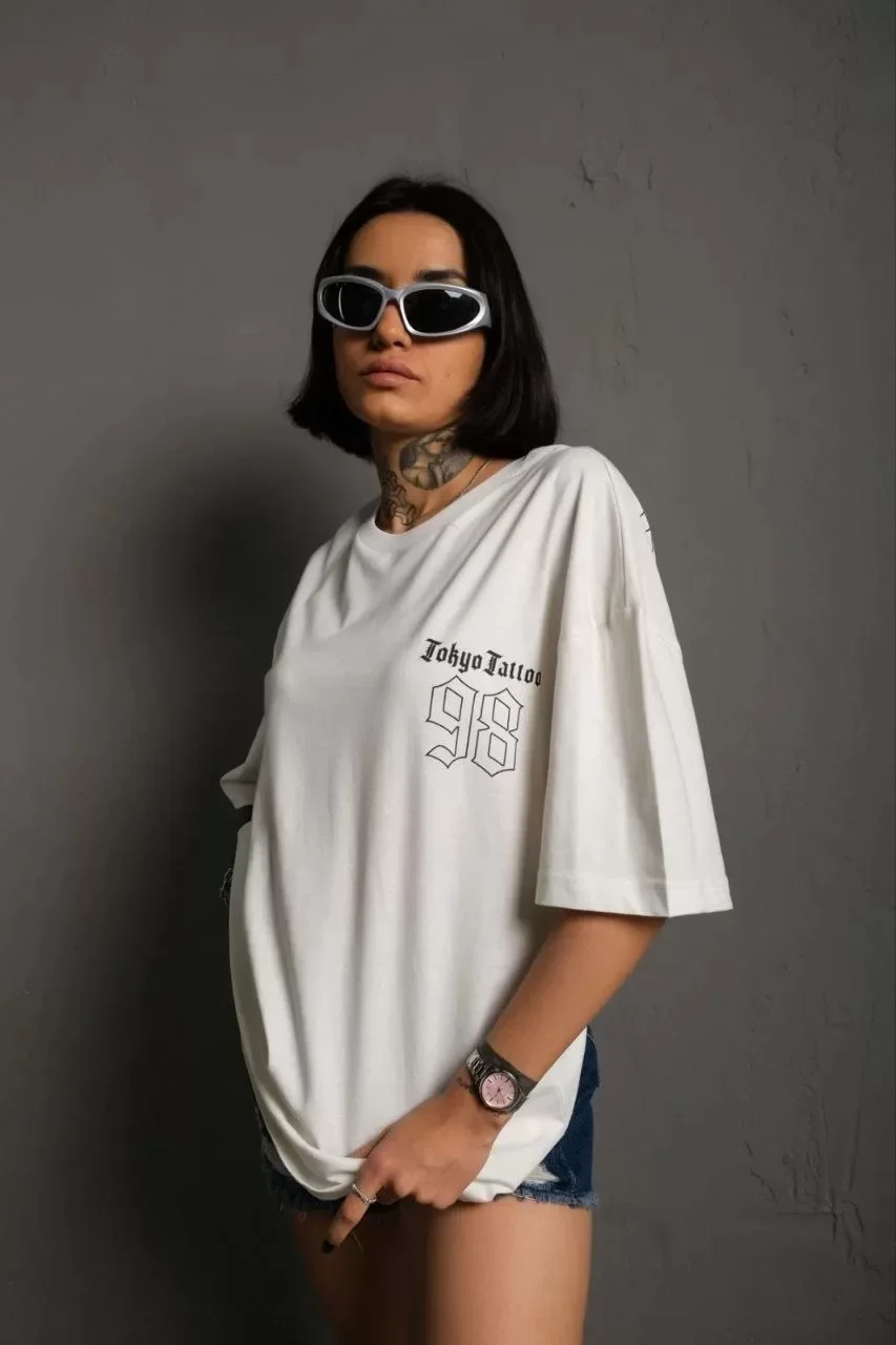 Unisex Bisiklet Yaka Baskılı Oversize T-Shirt - Beyaz Görseli