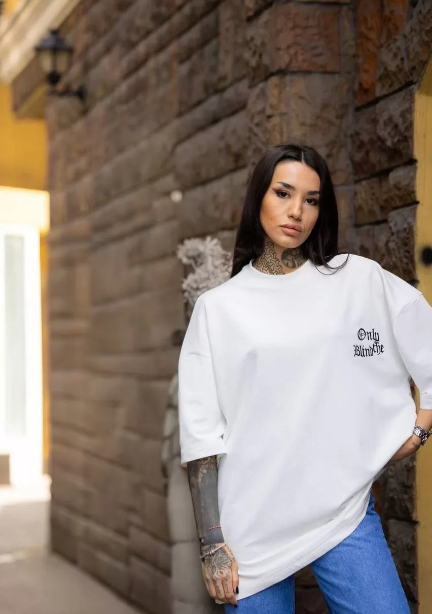 Unisex Bisiklet Yaka Baskılı Oversize T-Shirt - Beyaz Görseli
