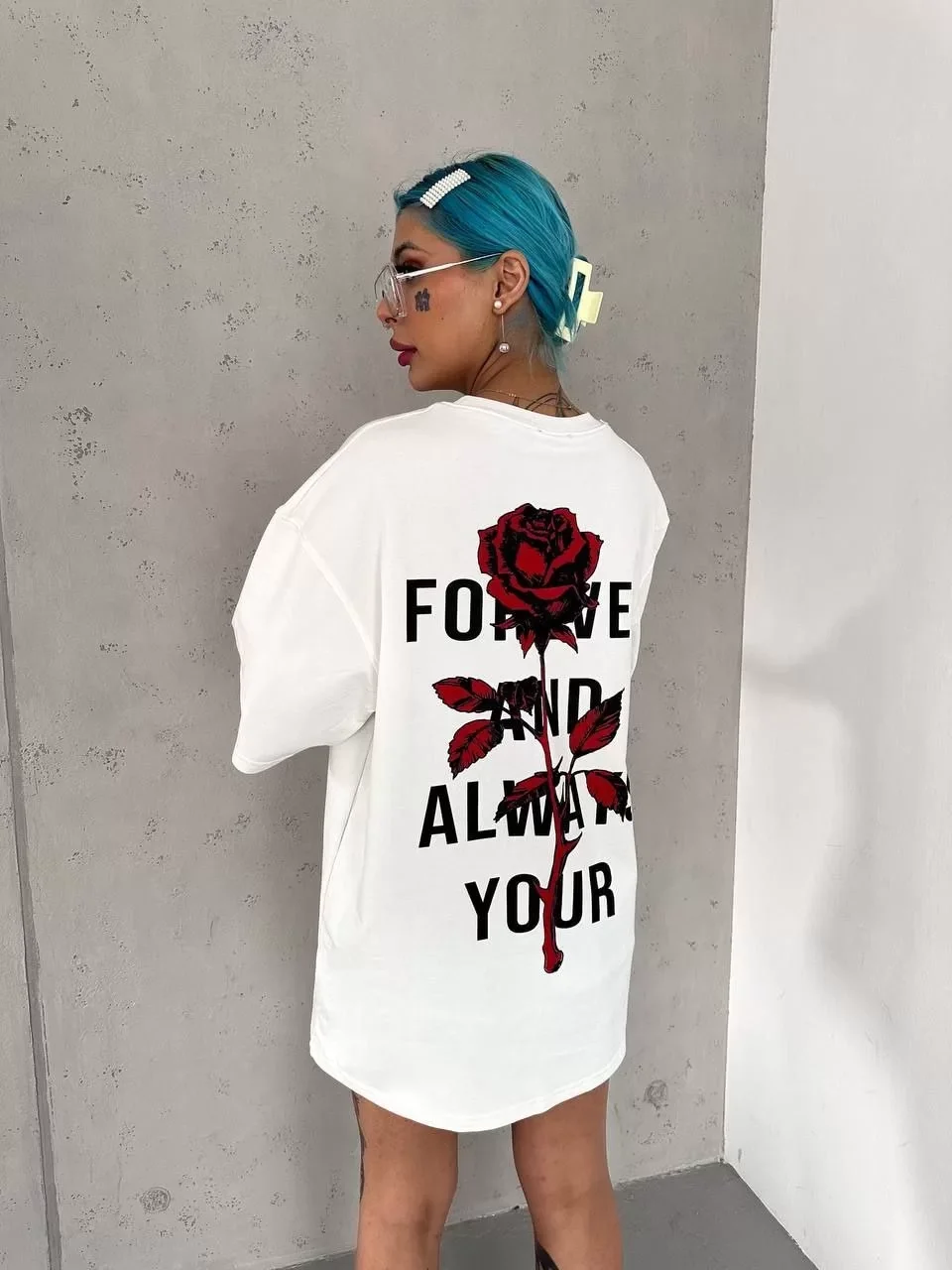 Unisex Bisiklet Yaka Baskılı Oversize T-Shirt - Beyaz Görseli