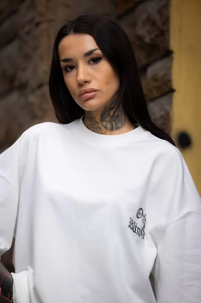 Unisex Bisiklet Yaka Baskılı Oversize T-Shirt - Beyaz Görseli