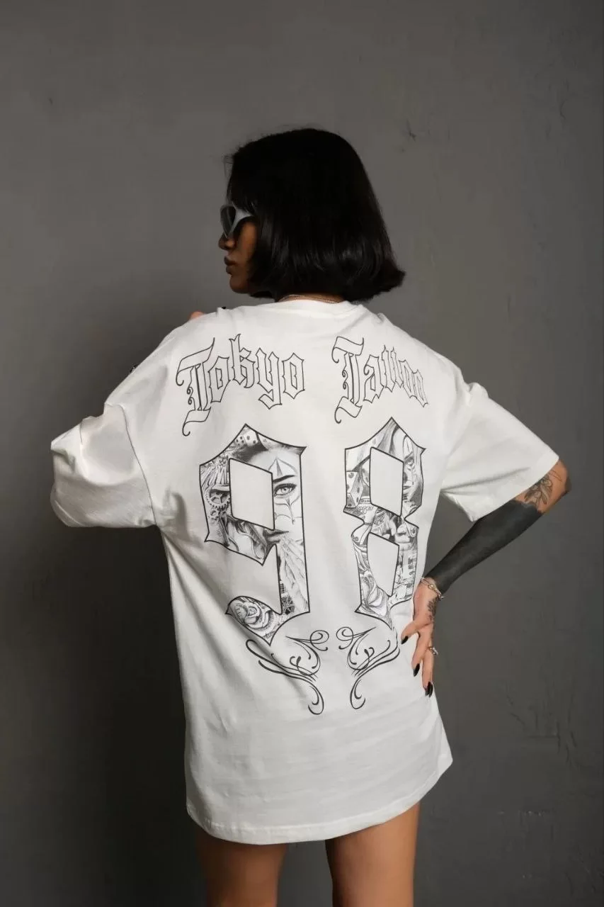 Unisex Bisiklet Yaka Baskılı Oversize T-Shirt - Beyaz Görseli