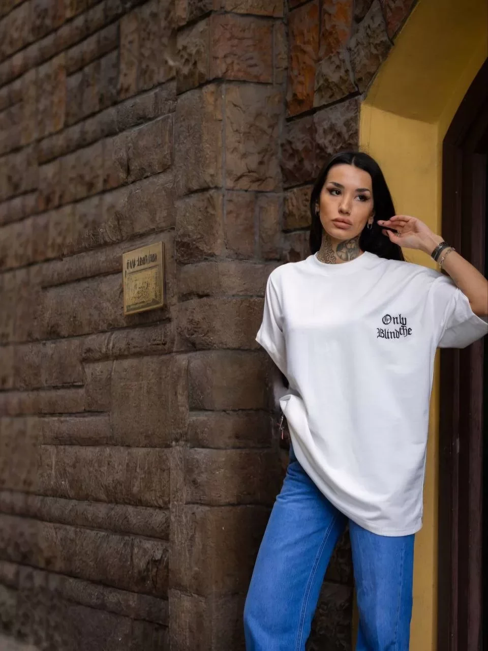 Unisex Bisiklet Yaka Baskılı Oversize T-Shirt - Beyaz Görseli