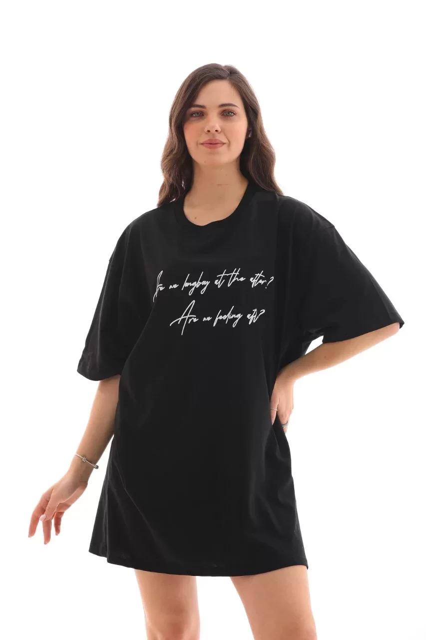 Unisex Bisiklet Yaka Baskılı Oversize T-Shirt - Siyah Görseli