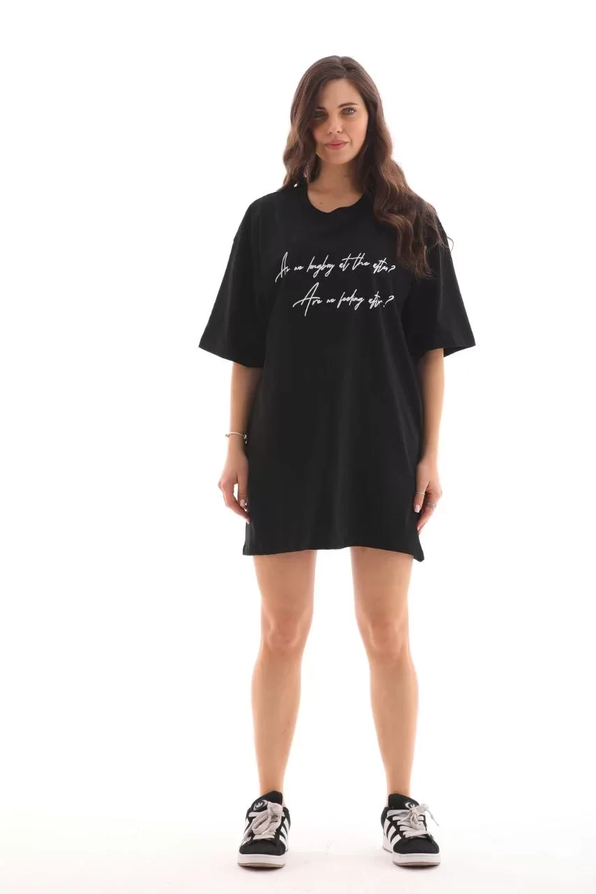 Unisex Bisiklet Yaka Baskılı Oversize T-Shirt - Siyah Görseli