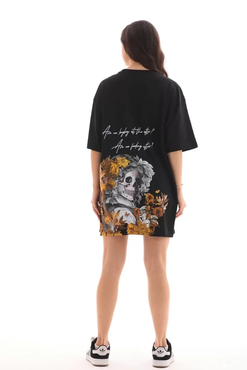 Unisex Bisiklet Yaka Baskılı Oversize T-Shirt - Siyah Görseli
