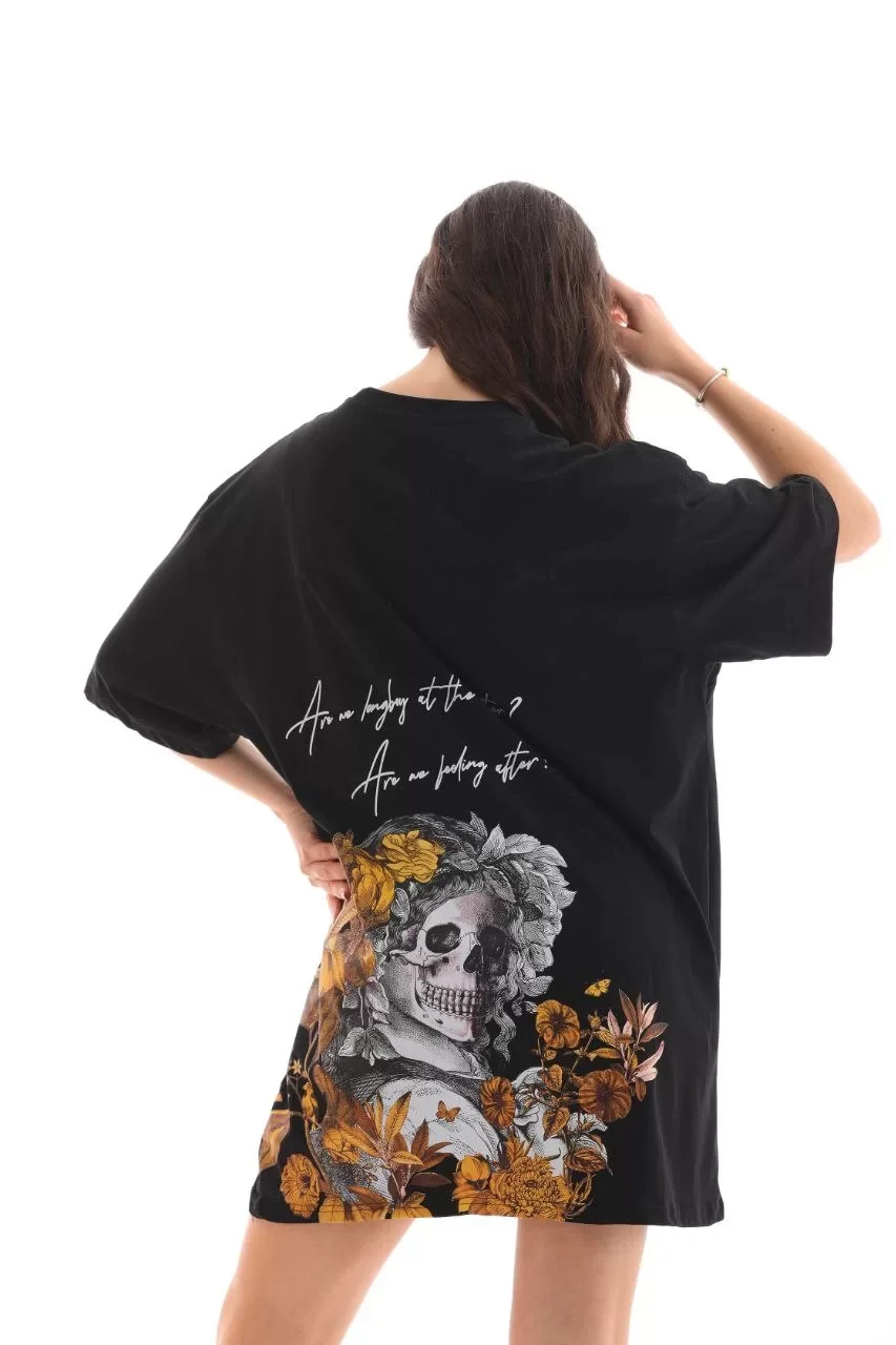 Unisex Bisiklet Yaka Baskılı Oversize T-Shirt - Siyah Görseli