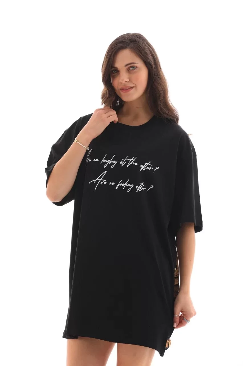 Unisex Bisiklet Yaka Baskılı Oversize T-Shirt - Siyah Görseli