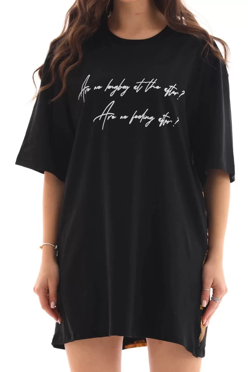 Unisex Bisiklet Yaka Baskılı Oversize T-Shirt - Siyah Görseli