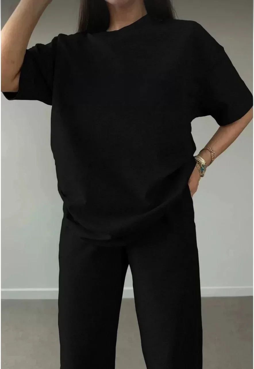 Unisex Düz T-Shirt ve Eşofman Takımı - Siyah Görseli