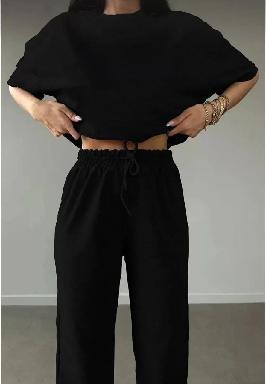 Unisex Düz T-Shirt ve Eşofman Takımı - Siyah Görseli
