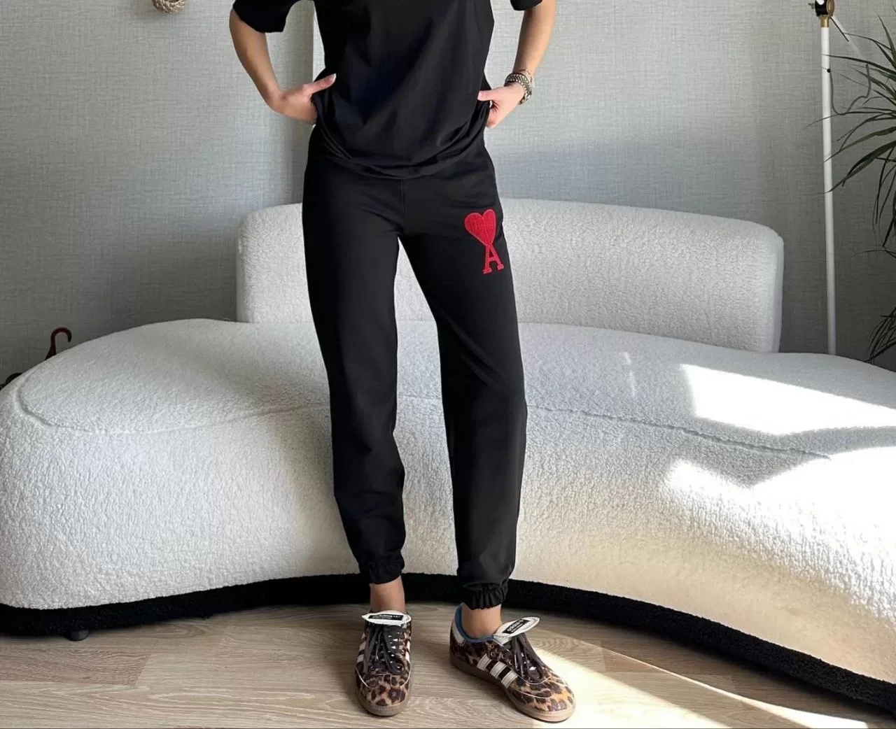Unisex İki İplik Baskılı Oversize Eşofman Altı - Siyah Görseli