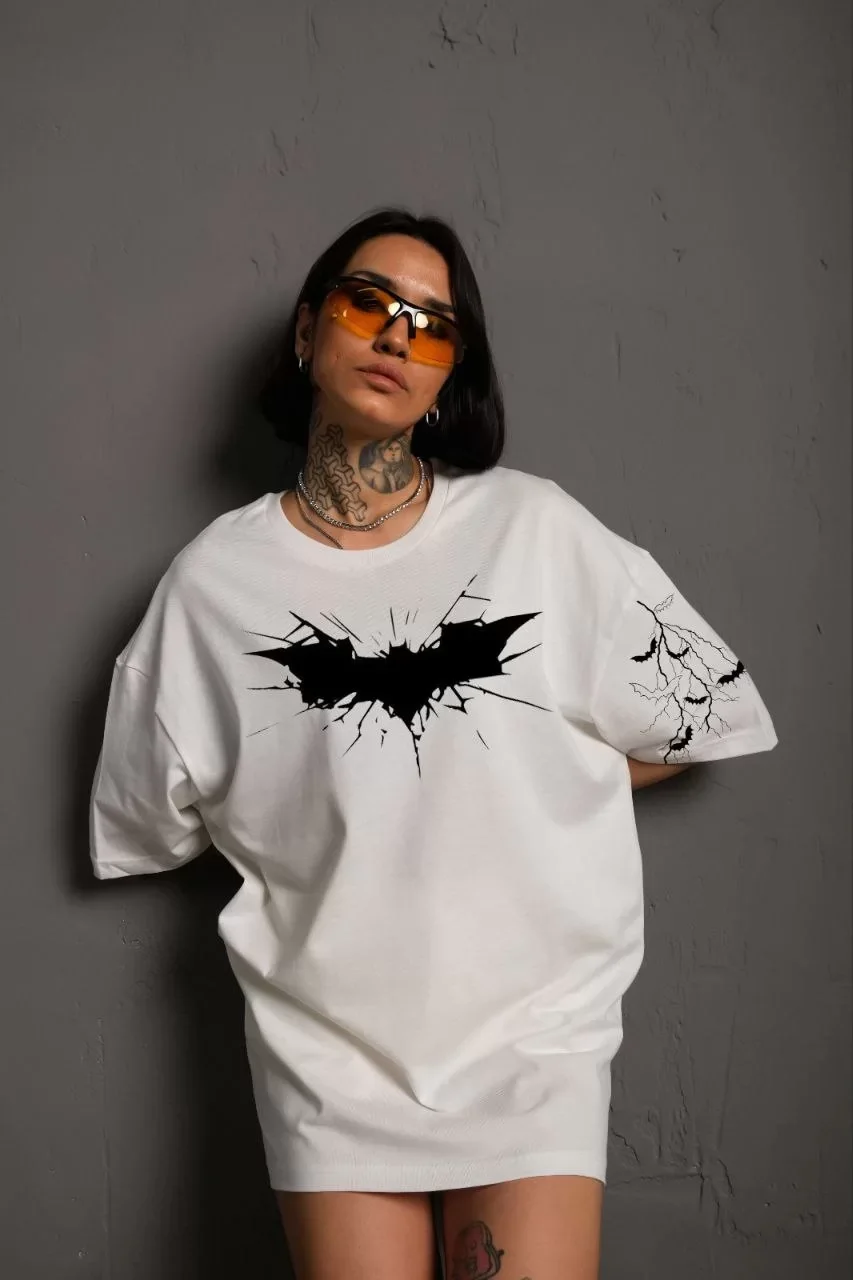 Unisex Ön ve Kol Baskılı Oversize T-shirt - Beyaz Görseli