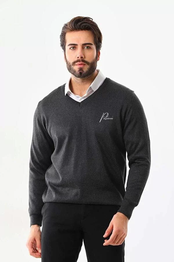 Baskılı V Yaka Uzun Kol Dokuma Triko - Füme Görseli