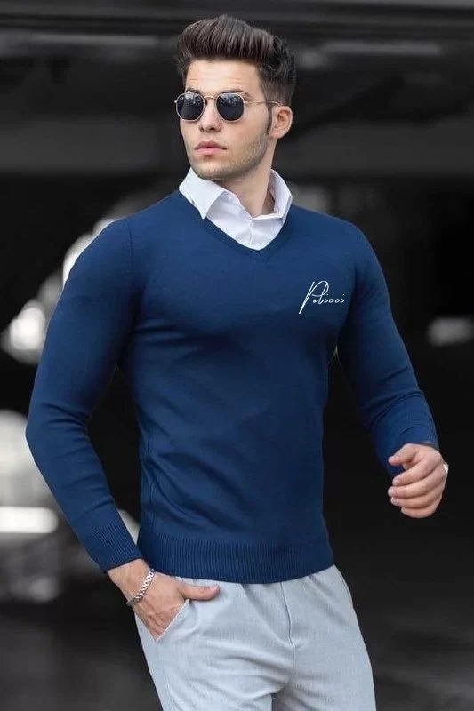 Baskılı V Yaka Uzun Kol Dokuma Triko - Indigo Görseli