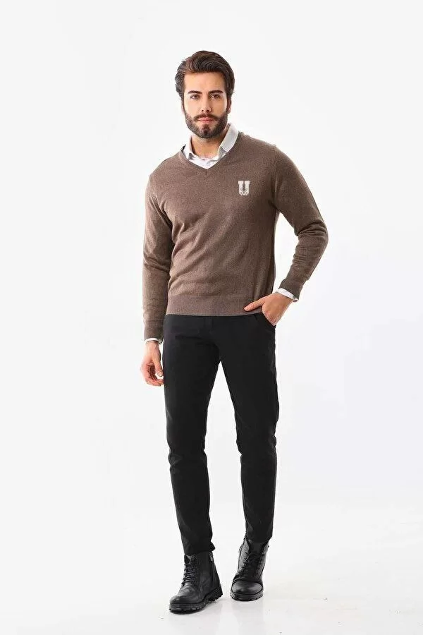Baskılı V Yaka Uzun Kol Dokuma Triko - Kahve Görseli