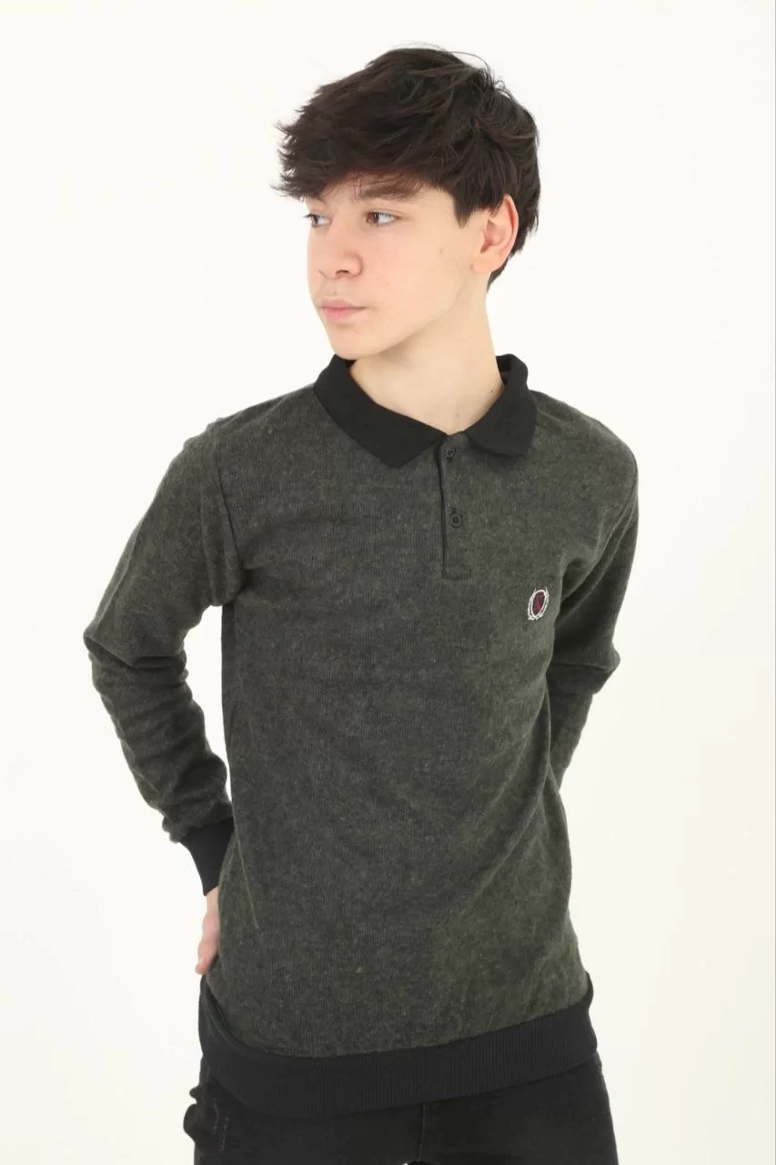 Çocuk Selanik Yaka Nakışlı Kazak - Haki Görseli