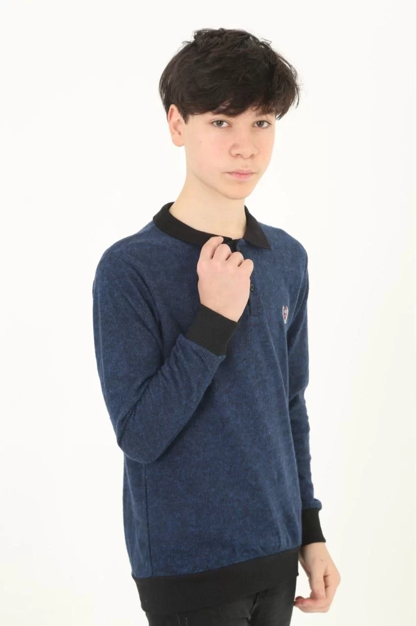 Çocuk Selanik Yaka Nakışlı Kazak - Lacivert Görseli