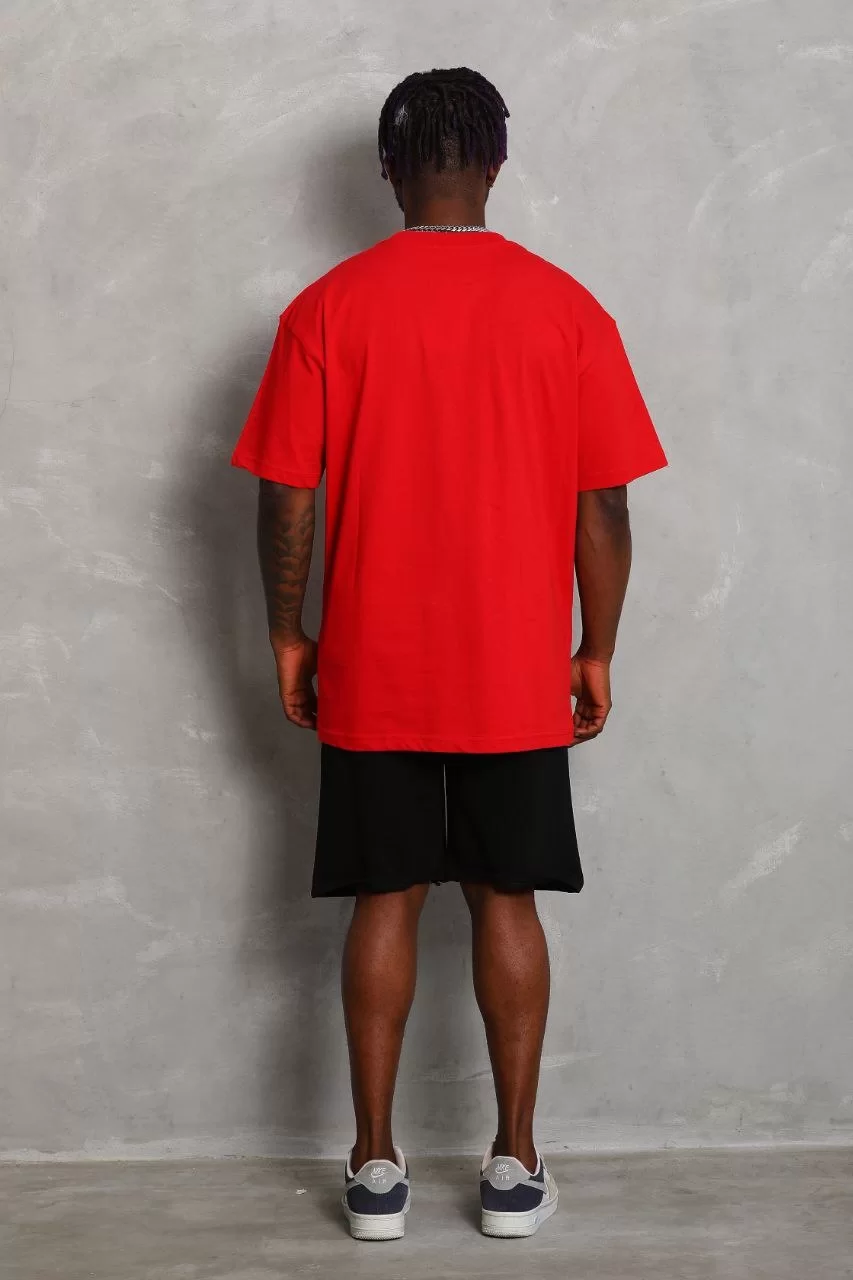 Unisex Oversize Düz Bisiklet Yaka T-Shirt - Kırmızı Görseli