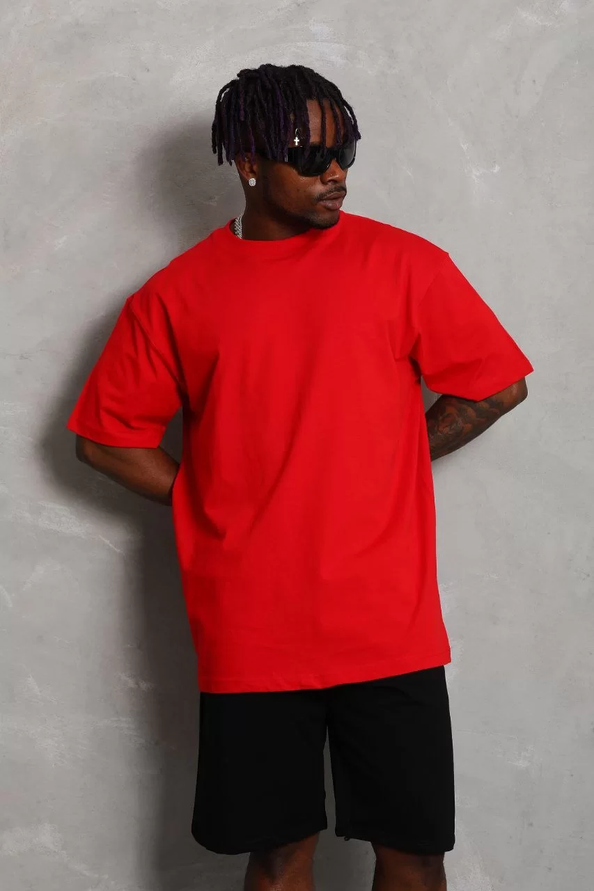 Unisex Oversize Düz Bisiklet Yaka T-Shirt - Kırmızı Görseli