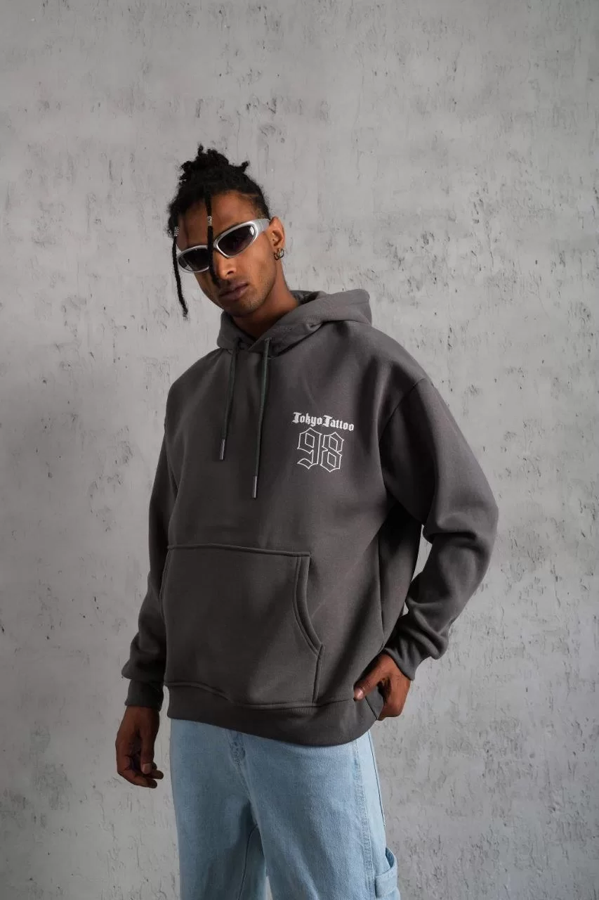 Erkek 98 Baskılı Kapşonlu Sweat - Gri Görseli