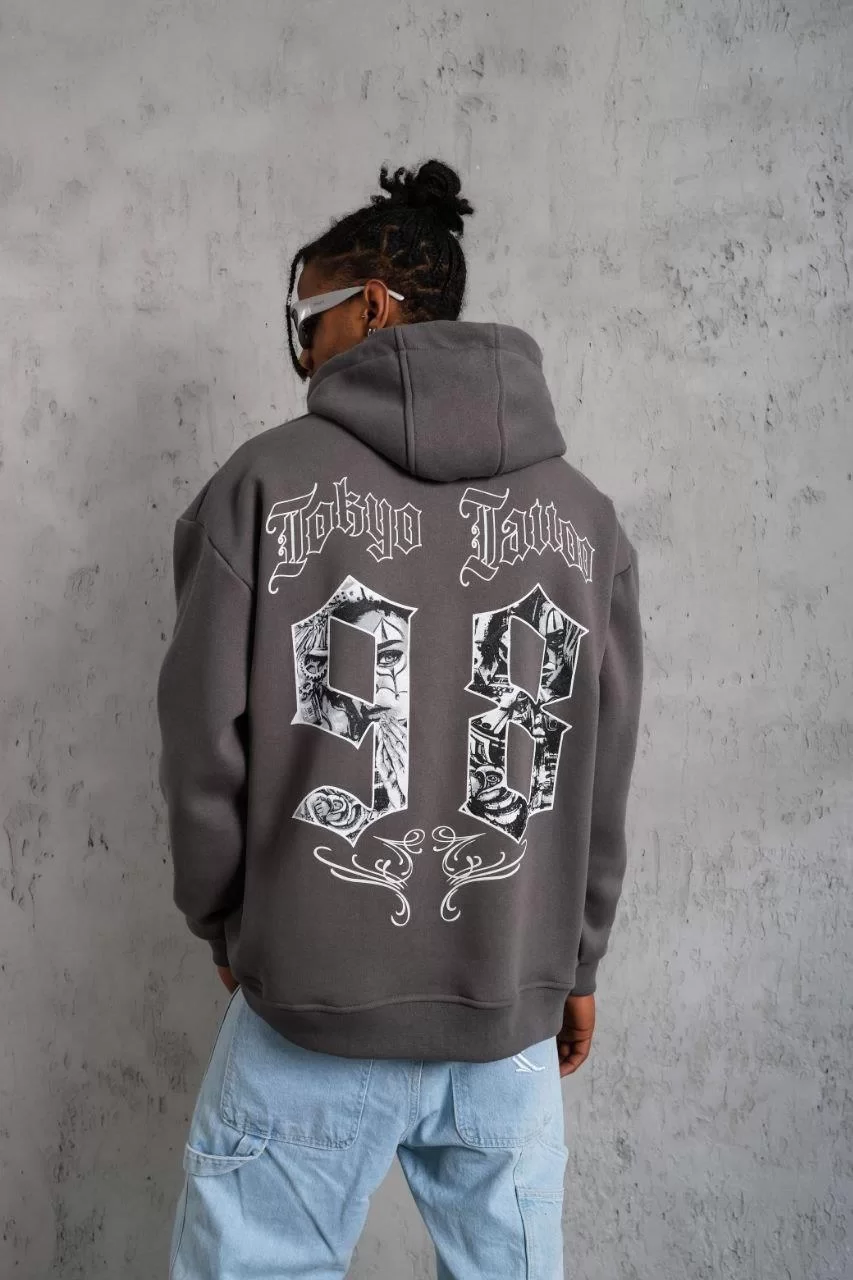 Erkek 98 Baskılı Kapşonlu Sweat - Gri Görseli