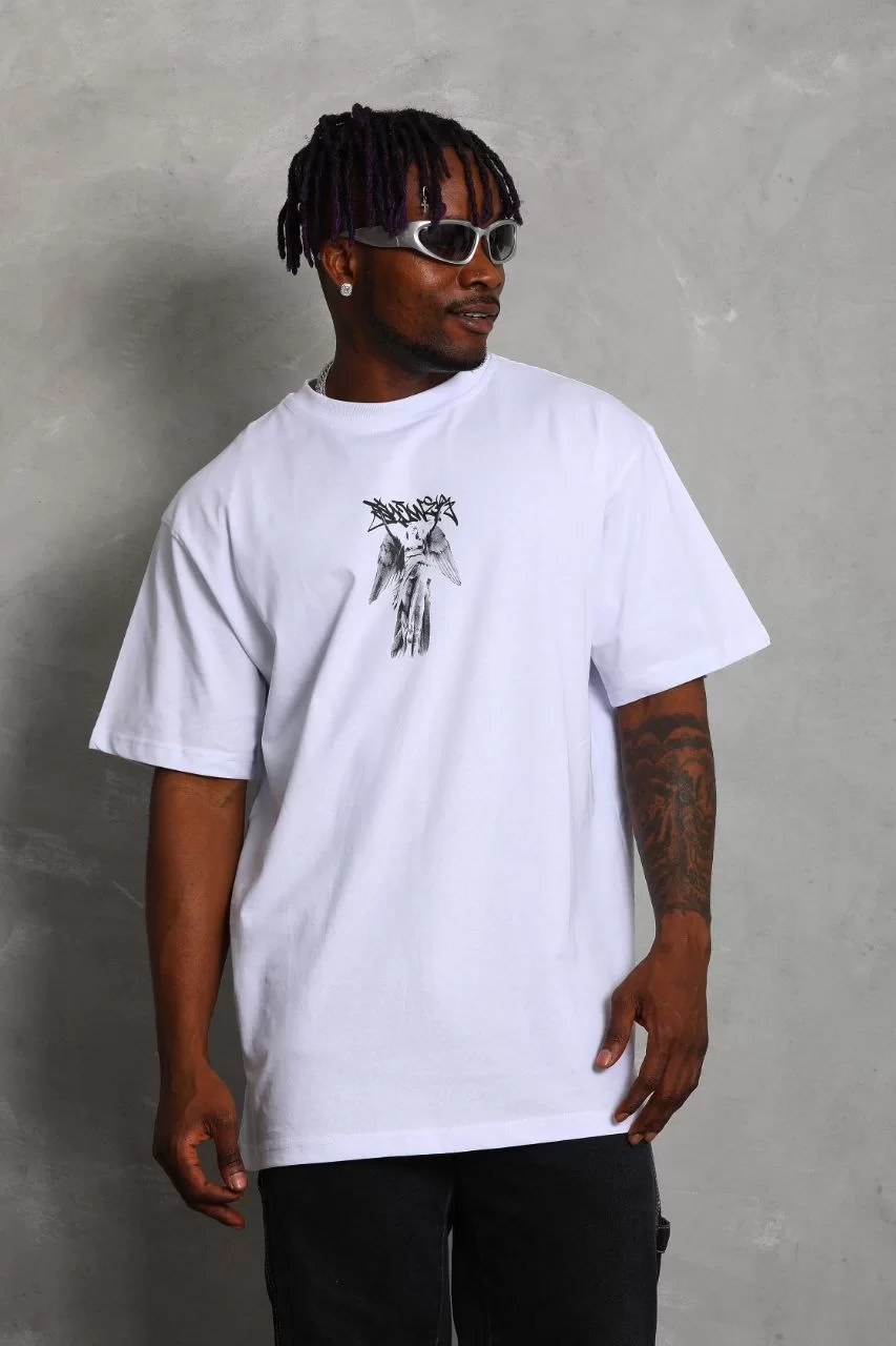 Unisex Oversize Baskılı Bisiklet Yaka T-Shirt - Beyaz Görseli