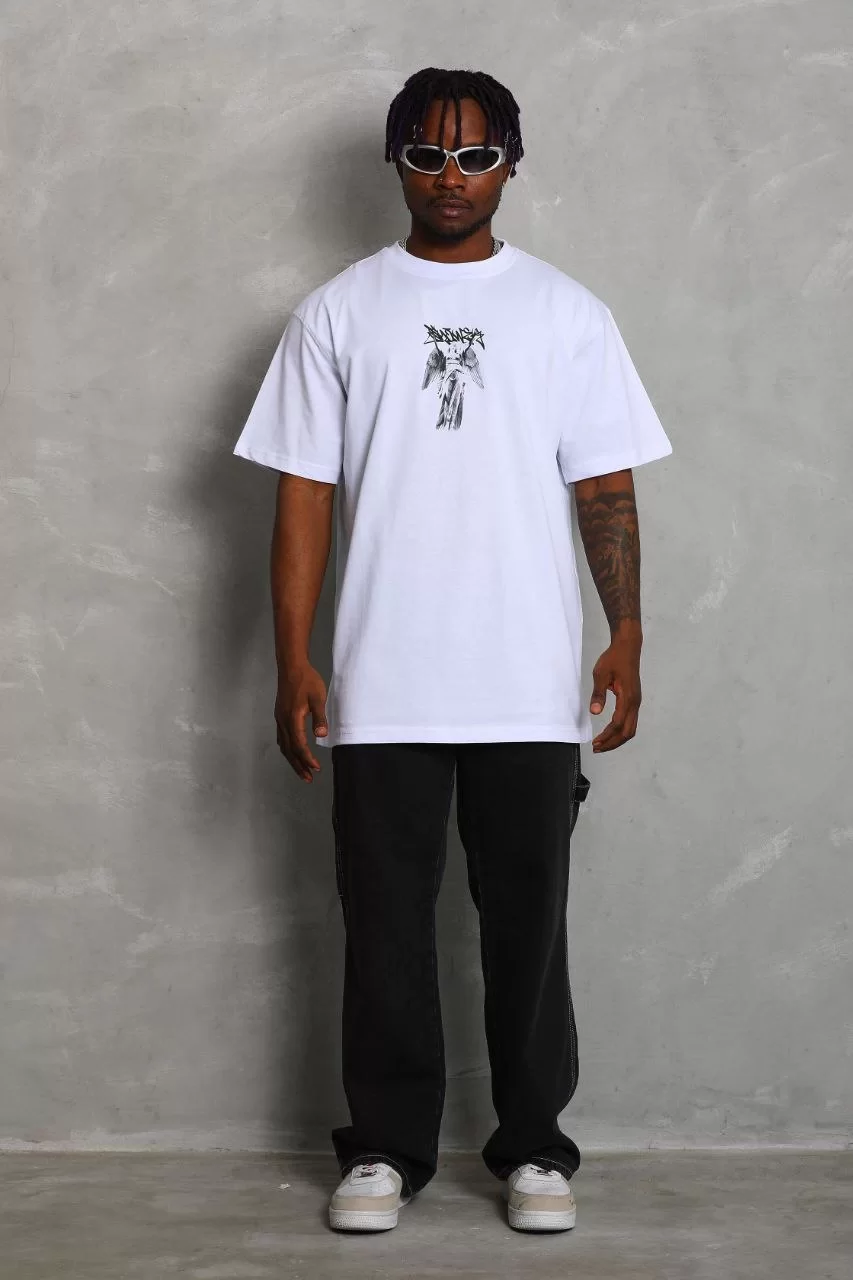 Unisex Oversize Baskılı Bisiklet Yaka T-Shirt - Beyaz Görseli