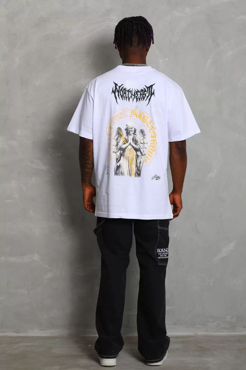 Unisex Oversize Baskılı Bisiklet Yaka T-Shirt - Beyaz Görseli