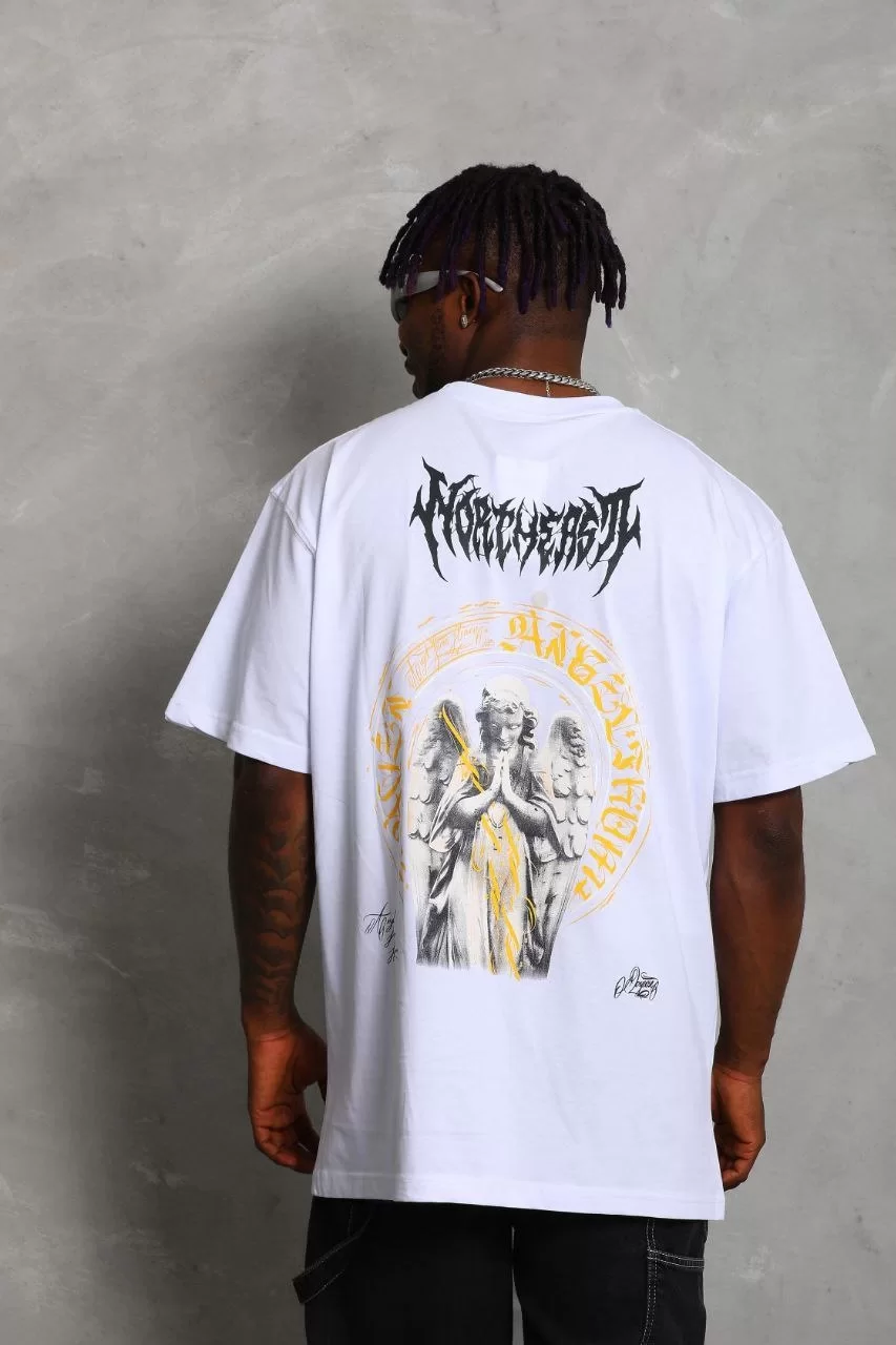 Unisex Oversize Baskılı Bisiklet Yaka T-Shirt - Beyaz Görseli
