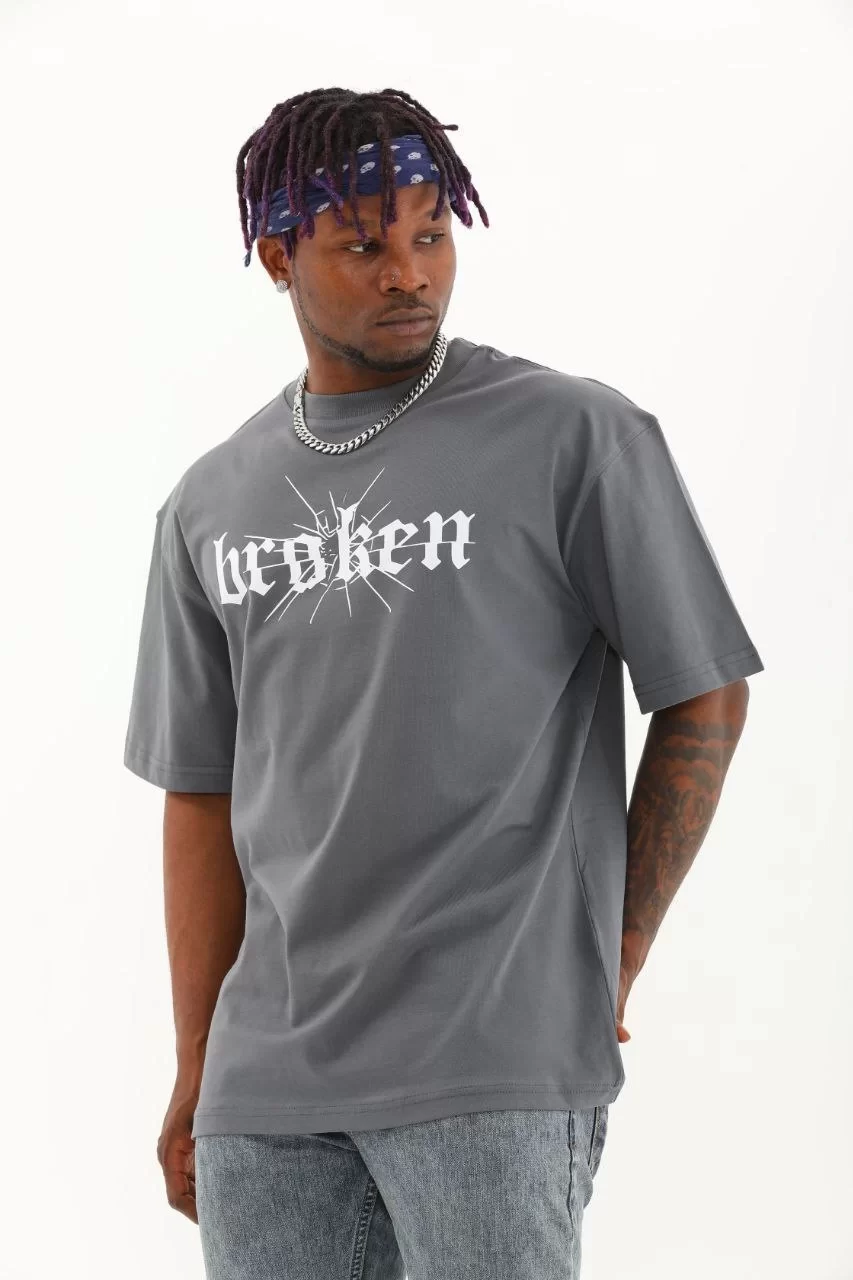 Unisex Oversize Baskılı Bisiklet Yaka T-Shirt - Füme Görseli