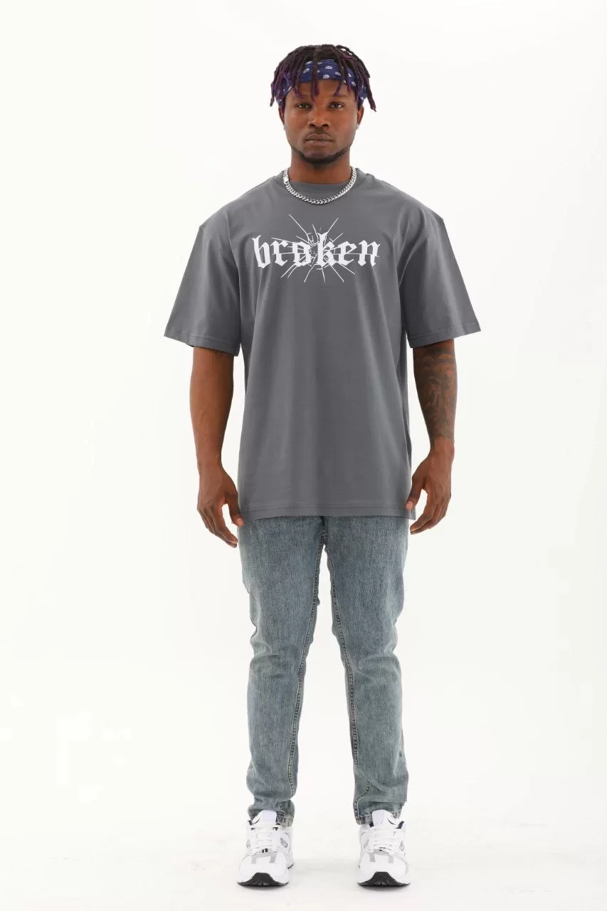 Unisex Oversize Baskılı Bisiklet Yaka T-Shirt - Füme Görseli
