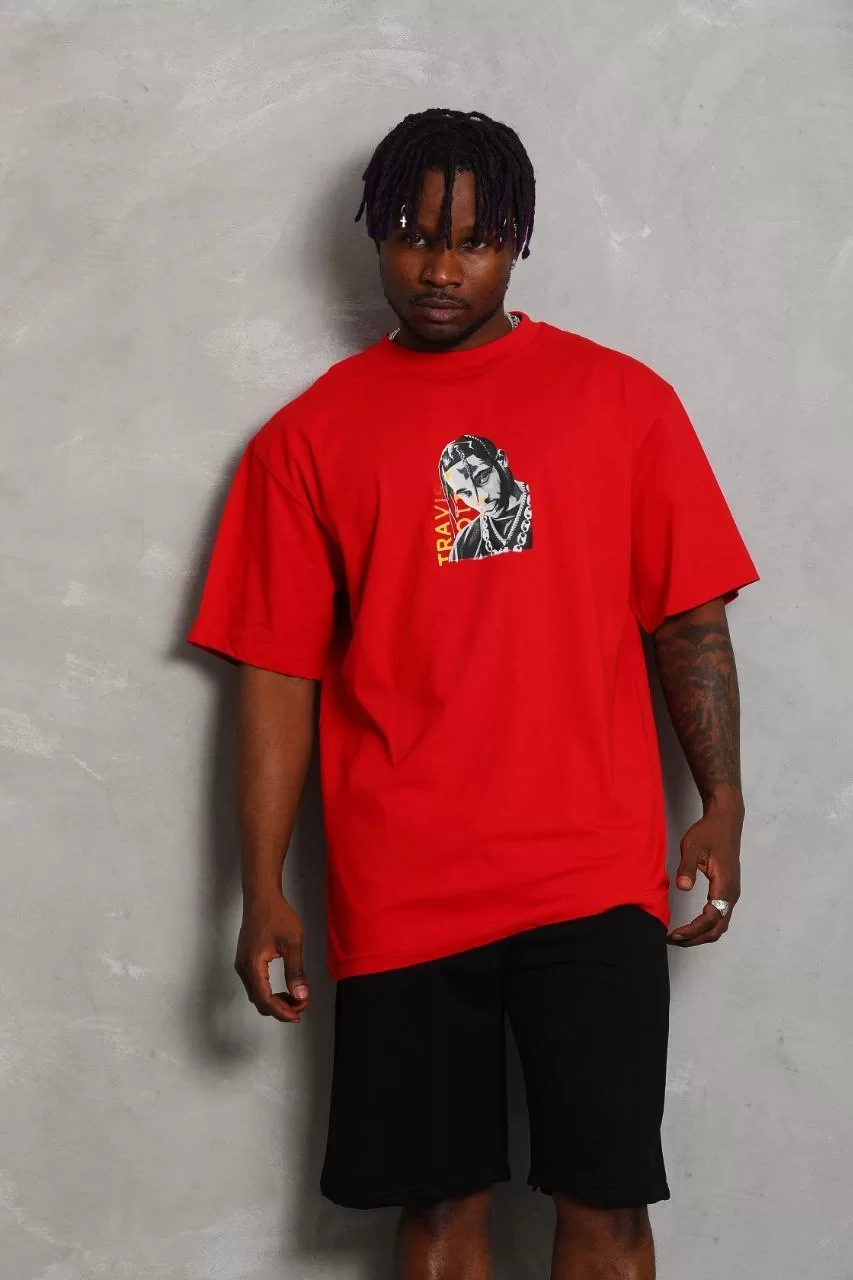 Unisex Oversize Baskılı Bisiklet Yaka T-Shirt - Kırmızı Görseli