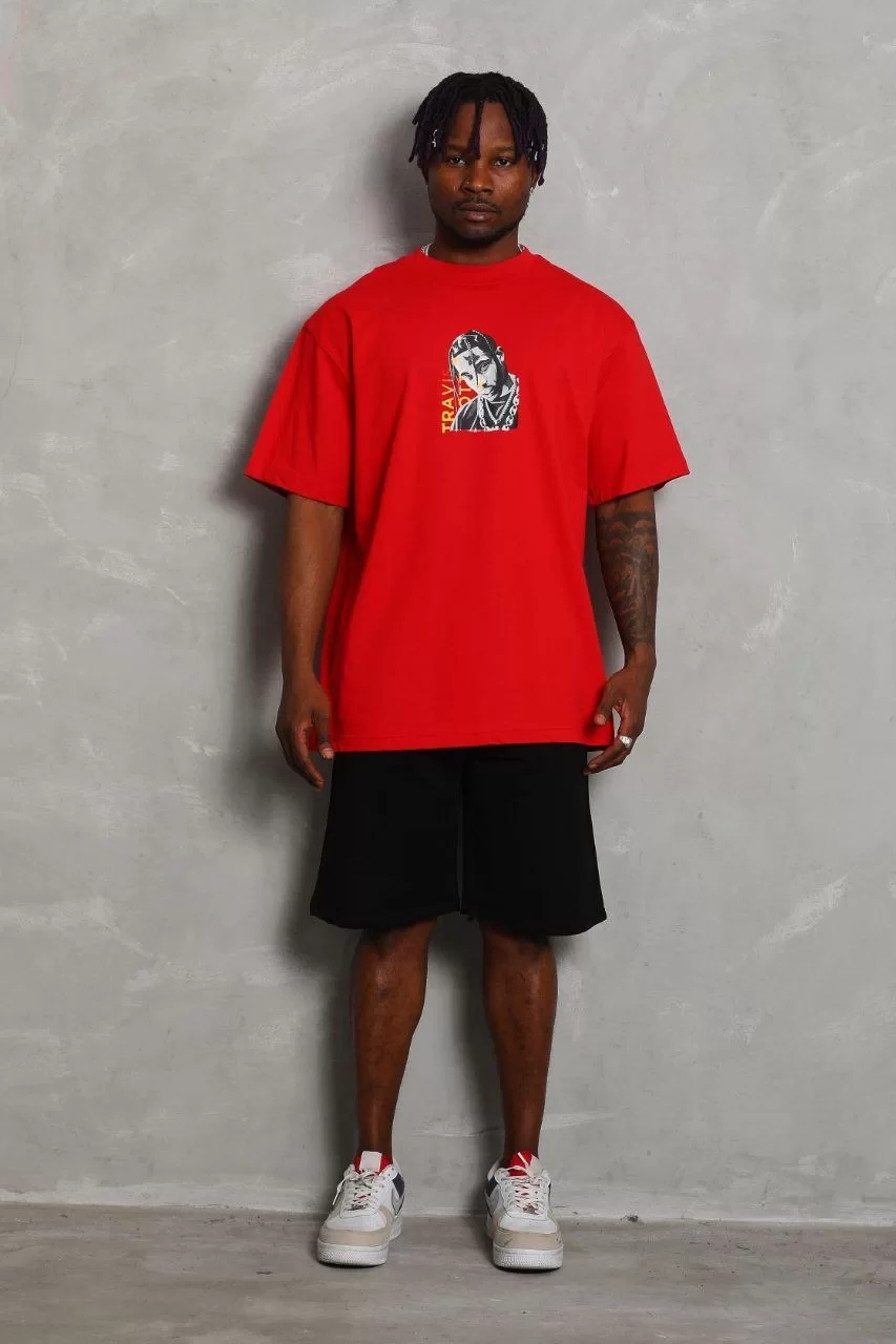 Unisex Oversize Baskılı Bisiklet Yaka T-Shirt - Kırmızı Görseli